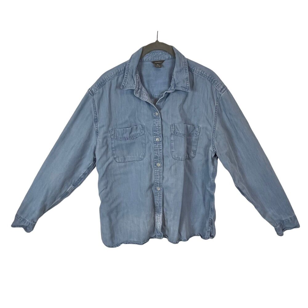Eddie Bauer Shirt Chambray Womens Distressed Faded Button Up Blue Collared SZ M